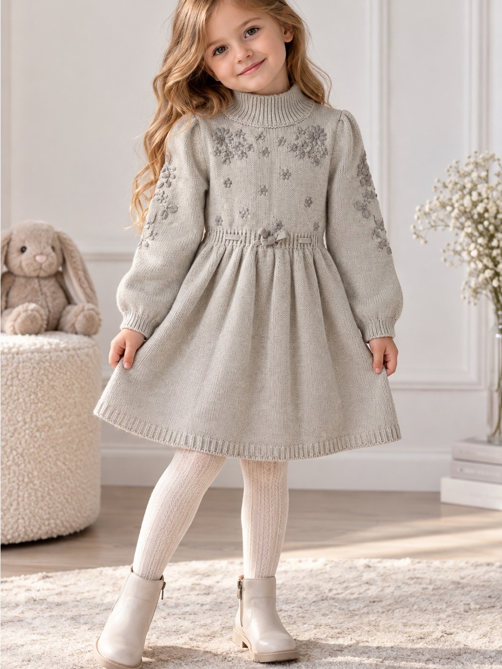 cupcakes & cashmere Girls' Knit Floral Dress in Light Gray